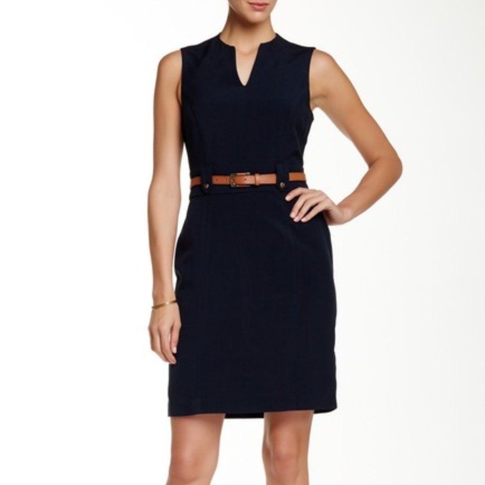 Sharagano –Navy Sleeveless Split Neck Belted Dress